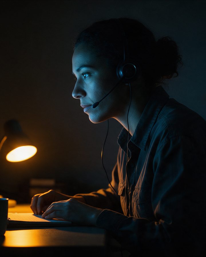 A dispatcher with a headset working at a desk at night, lit by the screen and a desk lamp.