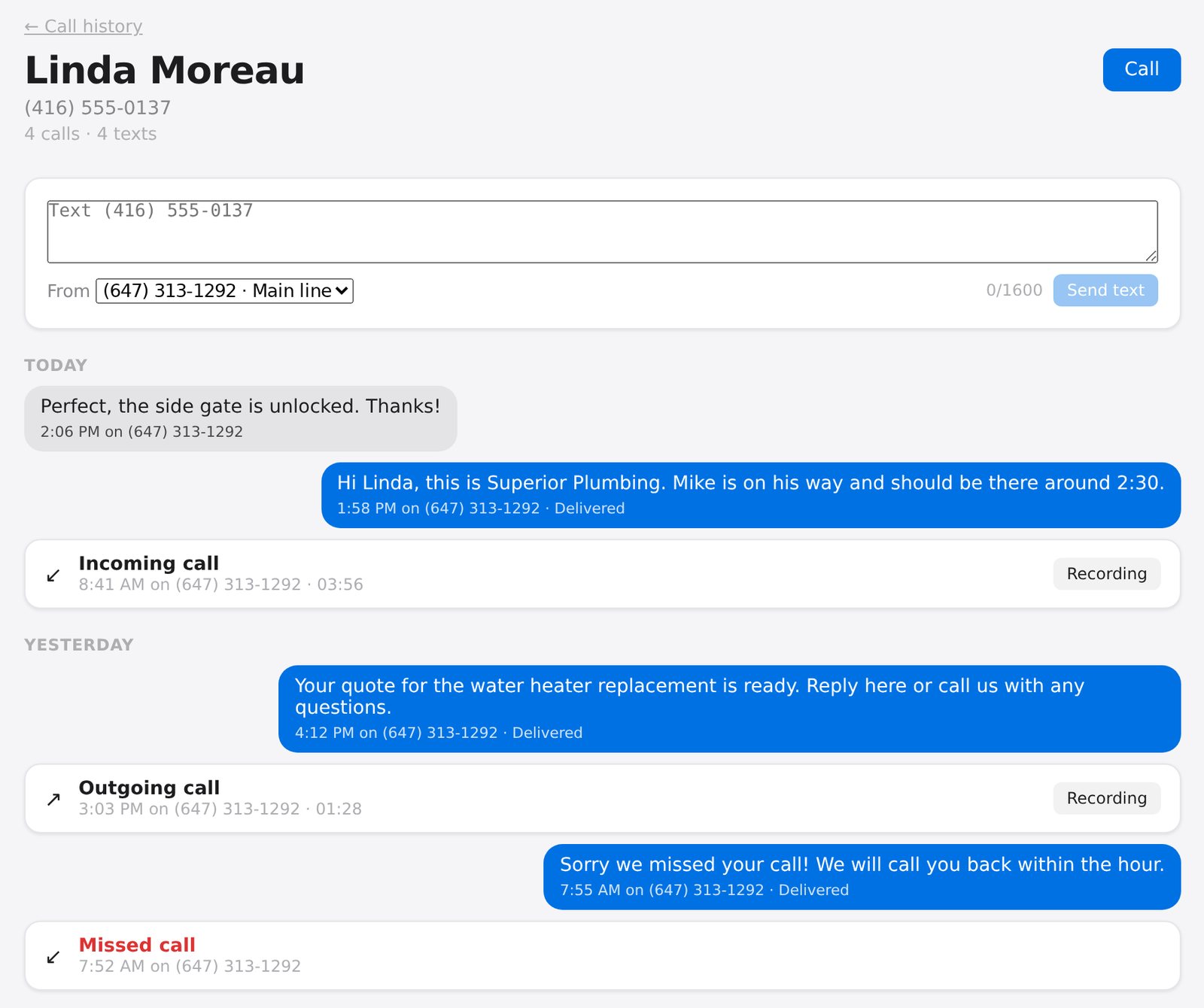 The Superior Call customer page: a text box at the top, then today's and yesterday's texts and calls with one customer, including a missed call and two recorded calls.