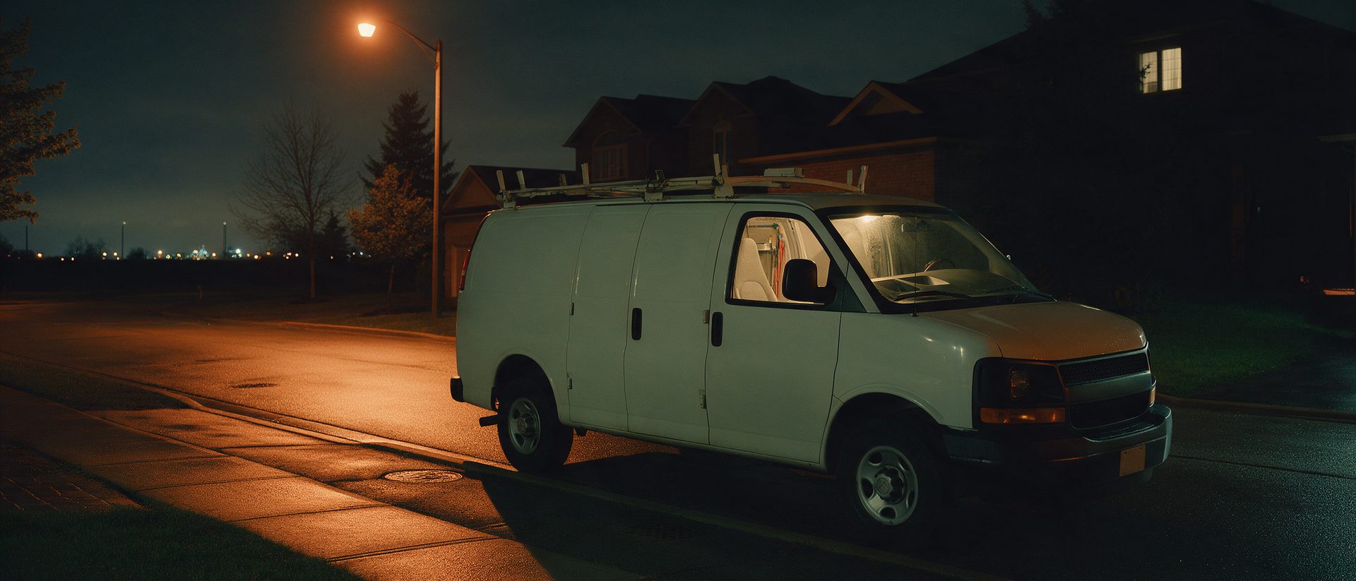 A white service van parked under a street lamp on a quiet street at night, its cab light on.